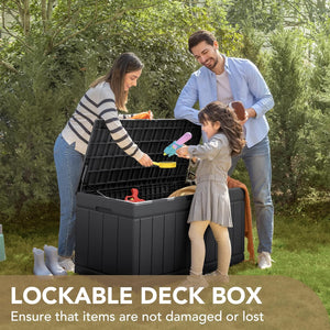 NEW 85 Gallon Deck Box Lockable Resin Outdoor Storage Box waterproof Outdoor Container for Patio Furniture Cushions, Pillow and Pool Toys (Black)