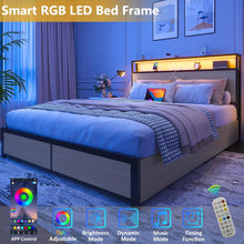 Load image into Gallery viewer, Queen Bed Frame with 2-Tier Storage Headboard, Metal Platform Bed Frame with 4 Storage Drawers, Built in Charging Station &amp; LED, Noise-Free/Metal Support/No Box Spring Needed, Beige
