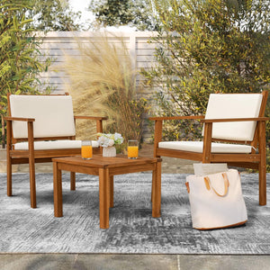 Patio Chairs 3 Piece Acacia Wood Patio Furniture with Coffee Table & Cushions Outdoor Conversation Set Balcony Chairs for Porch, Deck, Backyard