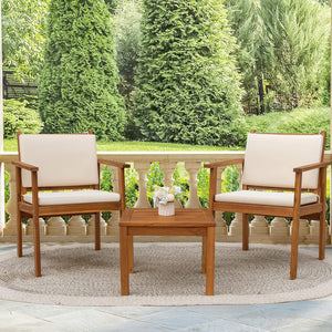 Patio Chairs 3 Piece Acacia Wood Patio Furniture with Coffee Table & Cushions Outdoor Conversation Set Balcony Chairs for Porch, Deck, Backyard