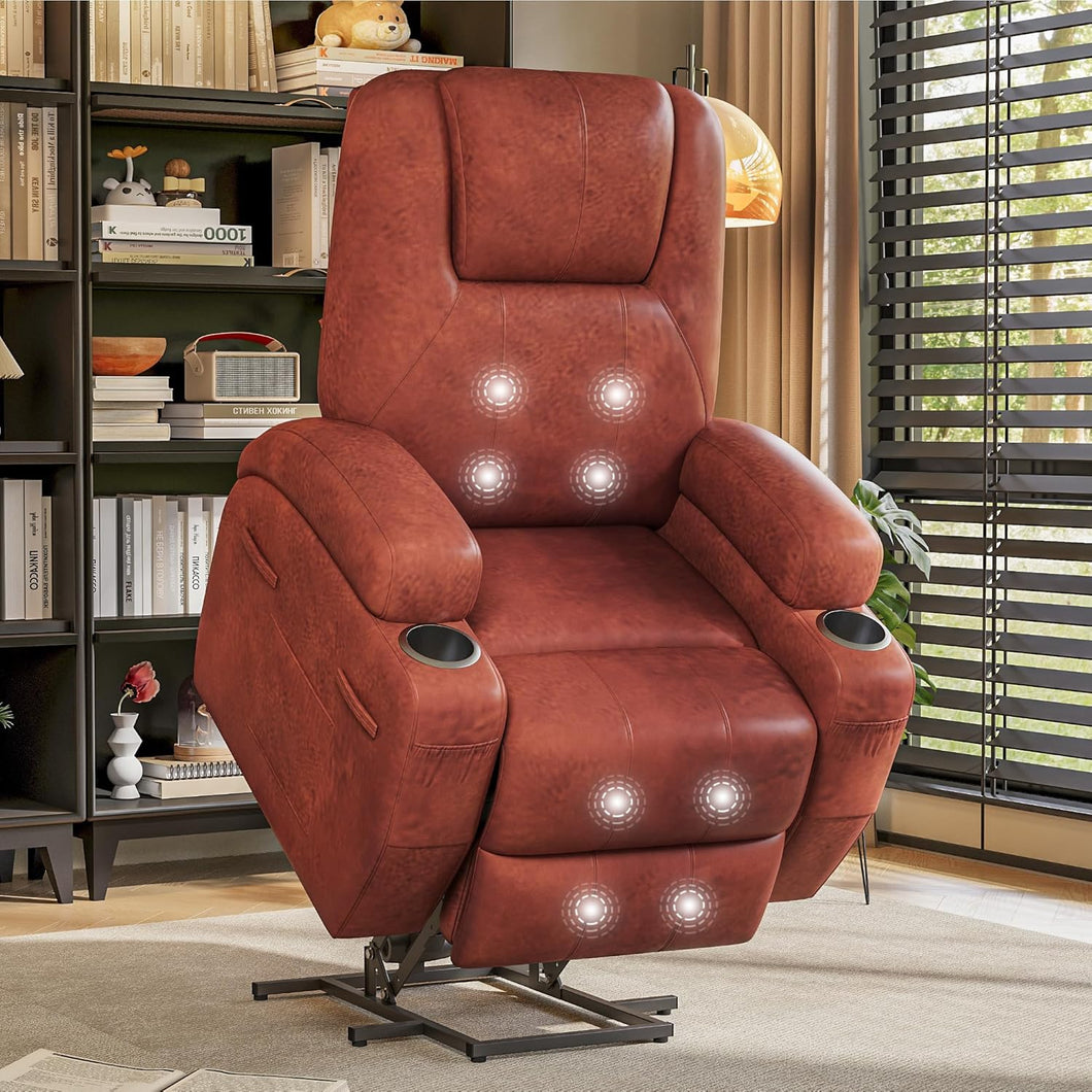 Electric Power Lift Recliner Chair with Massage for Elderly Corduroy Fabric Recliner Single Sofa with Cup Holders, Side Pockets and Remote Control for Living Room Bedroom (Leathaire, Brown)