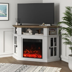 Corner TV Stand for Television up to 55" with Storage Cabinets, Entertainment Center, Media Console for Living Room, Bedroom, White＆Rustic