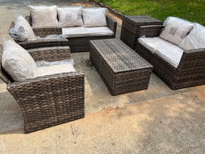 NEW 7 Seats Patio Furniture Set with Two Storage Boxes, Outdoor Rattan Conversation Set，All-Weather PE Wicker Sectional Sofa Outdoor Furniture for Garden, Backyard, Deck, Brown Rattan&Beige