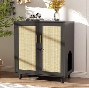 New Large Cat Litter Box Enclosure,Hidden Kitty Litter Furniture with Sisal Covered Doors,2-Layer Wooden Cat Washroom Cabinet w/Adjustable Shelf, Side Table for Living Room,Black