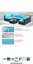 Cargar imagen en el visor de la galería, New 7-Piece Patio Furniture Set - Outdoor Sectional Sofa Set with Cushions and Glass-Top Coffee Table for Gardens, Poolside, Backyards and Porches, Black/Blue
