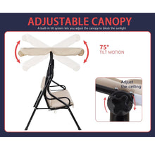 Cargar imagen en el visor de la galería, Patio Swing with Canopy Backyard Outdoor Swing Chair with Removable Cushions Adjustable Tilt Canopy Comfortable Armrests Stable Frame for Patio Garden Backyard (Beige)
