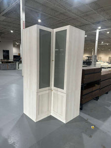 L-Shape Wardrobe Armoire Closet with Hanging Rod & Shelf, Bedroom Armoire with Frosted Glass Doors, Clothes Wardrobe with Gold Knob, Wood Grain