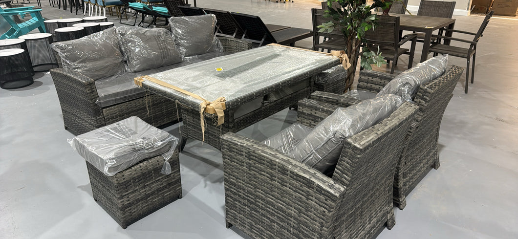 New 6-pcs Outdoor Dining Table Sets, Dining Table Wicker Patio Furniture Outdoor Couch Grey Rattan,Dark Grey Cushions for Garden,Backyard, Lawn
