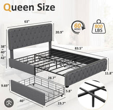 Load image into Gallery viewer, Upholstered Queen Size Platform Bed Frame with 4 Storage Drawers and Headboard, Diamond Stitched Button Tufted, Mattress Foundation with Wooden Slats Support, No Box Spring Needed, Dark Grey
