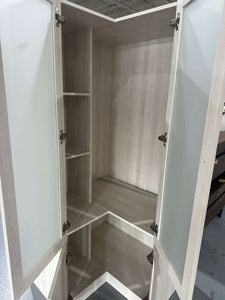 L-Shape Wardrobe Armoire Closet with Hanging Rod & Shelf, Bedroom Armoire with Frosted Glass Doors, Clothes Wardrobe with Gold Knob, Wood Grain