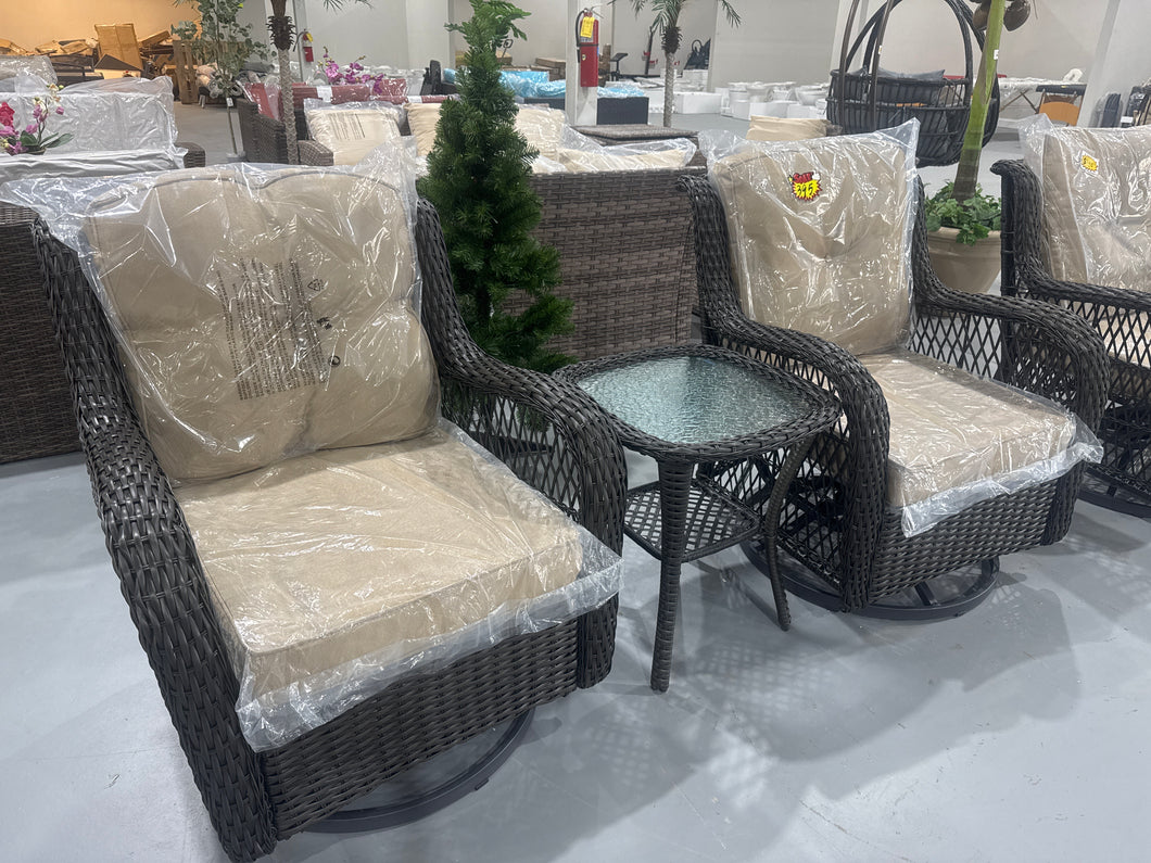 New 3-Piece Outdoor Wicker Patio Bistro Set w/ 2 360-Degree Swivel Rocking Chairs and Tempered Glass Top Side Table - Beige