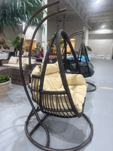 Cargar imagen en el visor de la galería, Dark Brown Wicker 2-Person Patio Hanging Double Egg Swing Chair with Stand &amp; Cushions for Indoor/Outdoor Garden (Beige)
