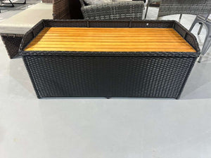 Patio Storage Bench Rattan Wicker Deck Box with Acacia Wood Seat, Gas Strut, Zipper Liner, Handles, Outdoor Storage Container for Patio Furniture Cushions Pillows