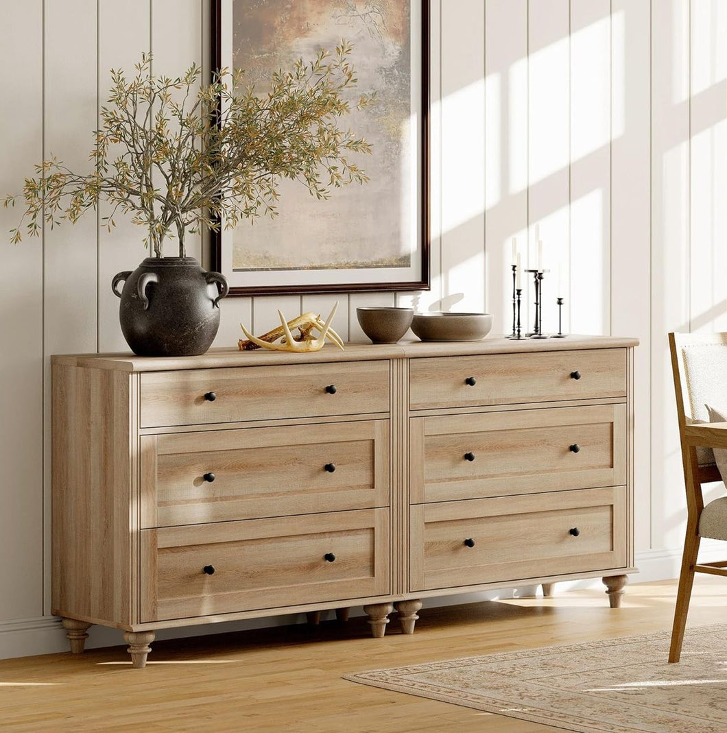 New WAMPAT Dressers Set of 2 for Bedroom with 6 Drawers, Oak Kids Dressers with Wide Chest of Drawers, Mid Century Modern Wooden Closet Storage Organizer, Large Wood Dressers for Living Room, Nursery, Hallway