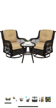 Cargar imagen en el visor de la galería, New 3-Piece Outdoor Wicker Patio Bistro Set w/ 2 360-Degree Swivel Rocking Chairs and Tempered Glass Top Side Table - Beige
