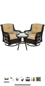 New 3-Piece Outdoor Wicker Patio Bistro Set w/ 2 360-Degree Swivel Rocking Chairs and Tempered Glass Top Side Table - Beige