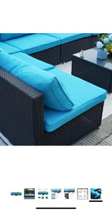 New 7-Piece Patio Furniture Set - Outdoor Sectional Sofa Set with Cushions and Glass-Top Coffee Table for Gardens, Poolside, Backyards and Porches, Black/Blue