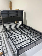 Cargar imagen en el visor de la galería, Queen Bed Frame with Headboard, Metal Platform Queen Bed Frame with High Bookcase Headboard, 4 Storage Drawers &amp; Charging Station &amp; LED, Noise-Free, NO Box Spring Needed,Rustic Grey
