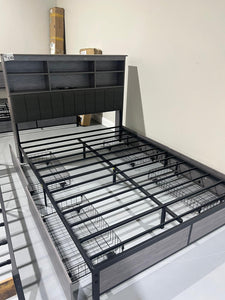 Queen Bed Frame with Headboard, Metal Platform Queen Bed Frame with High Bookcase Headboard, 4 Storage Drawers & Charging Station & LED, Noise-Free, NO Box Spring Needed,Rustic Grey