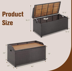Patio Storage Bench Rattan Wicker Deck Box with Acacia Wood Seat, Gas Strut, Zipper Liner, Handles, Outdoor Storage Container for Patio Furniture Cushions Pillows