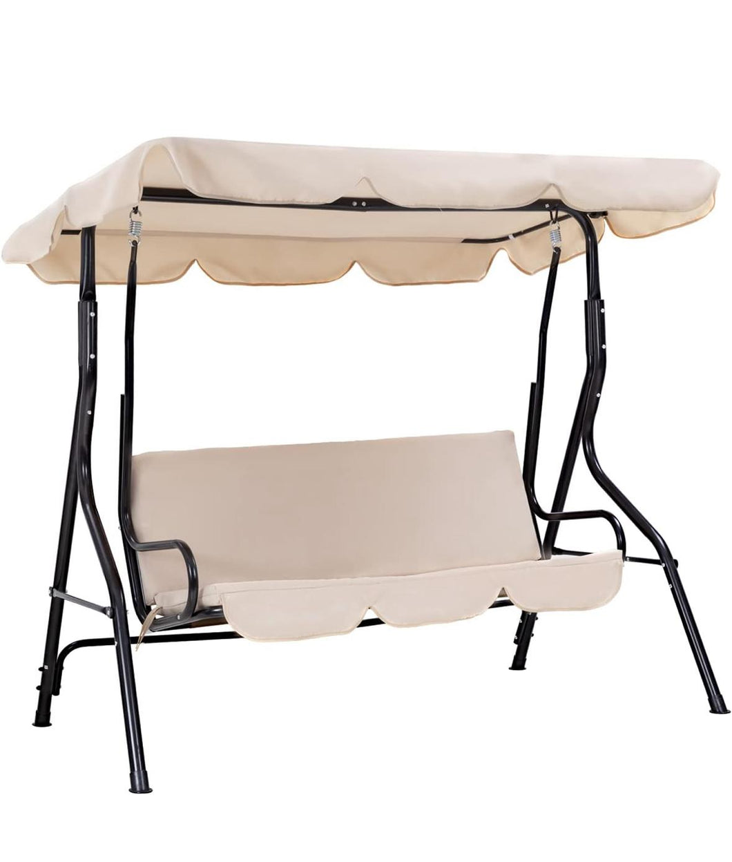 Patio Swing with Canopy Backyard Outdoor Swing Chair with Removable Cushions Adjustable Tilt Canopy Comfortable Armrests Stable Frame for Patio Garden Backyard (Beige)