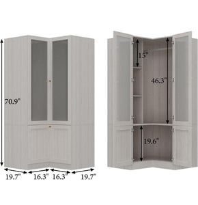 L-Shape Wardrobe Armoire Closet with Hanging Rod & Shelf, Bedroom Armoire with Frosted Glass Doors, Clothes Wardrobe with Gold Knob, Wood Grain