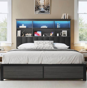 Queen Bed Frame with Headboard, Metal Platform Queen Bed Frame with High Bookcase Headboard, 4 Storage Drawers & Charging Station & LED, Noise-Free, NO Box Spring Needed,Rustic Grey