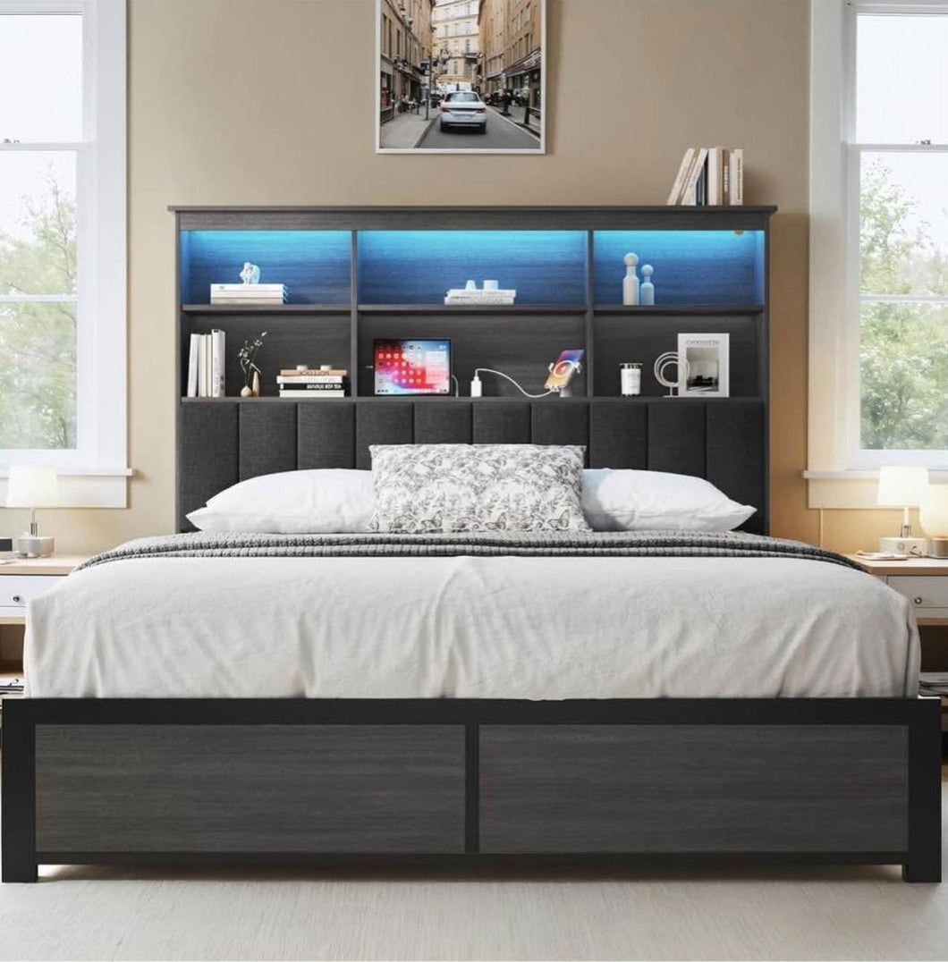 Queen Bed Frame with Headboard, Metal Platform Queen Bed Frame with High Bookcase Headboard, 4 Storage Drawers & Charging Station & LED, Noise-Free, NO Box Spring Needed,Rustic Grey