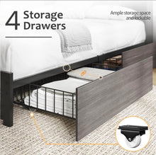 Cargar imagen en el visor de la galería, Queen Bed Frame with Headboard, Metal Platform Queen Bed Frame with High Bookcase Headboard, 4 Storage Drawers &amp; Charging Station &amp; LED, Noise-Free, NO Box Spring Needed,Rustic Grey
