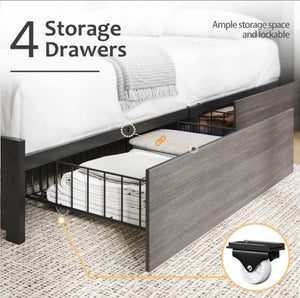 Queen Bed Frame with Headboard, Metal Platform Queen Bed Frame with High Bookcase Headboard, 4 Storage Drawers & Charging Station & LED, Noise-Free, NO Box Spring Needed,Rustic Grey