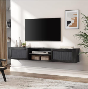 New WAMPAT 70" Floating TV Stand with Power Outlet, 2-Tier Wood Media Console Entertainment Center with 2 Rattan Doors, Modern Wall Mounted TV Shelf Cabinet for Under TV, Living Room, Bedroom, Black