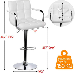 Bar Stools Set of 2 Modern Square PU Leather Adjustable BarStools Counter Height Stools with Arms and Back Bar Chairs 360° Swivel Stool White