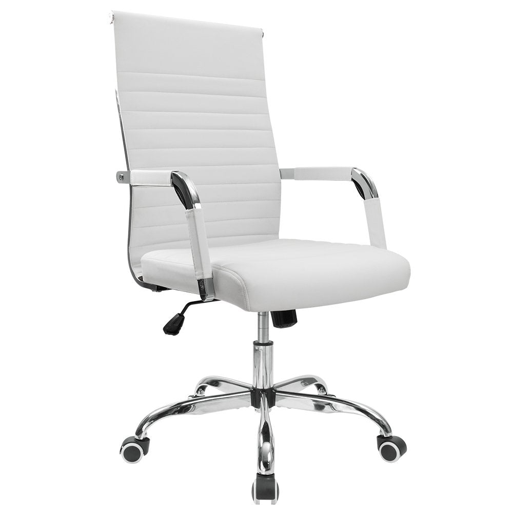 Ribbed Office Desk Chair Mid-Back PU Leather Executive Conference Task Chair Adjustable Swivel Chair with Arms (White or Black)
