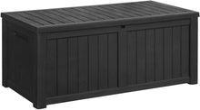 Load image into Gallery viewer, NEW Resin Deck Box 120 Gallon Waterproof Large Deck Boxes Plus Outdoor Indoor Storage Box Imitation Wood Resin for Patio Furniture Garden Tools and Pool,Dark Black
