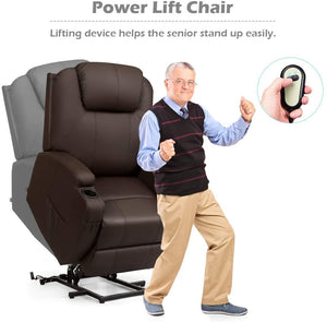 Power Lift Recliner Chair with Massage and Heat for Elderly, PU Leather Heated Vibrating, with Cup Holders, Side Pouch, Remote Control, for Home Theater, Power Theater Chair(Brown)