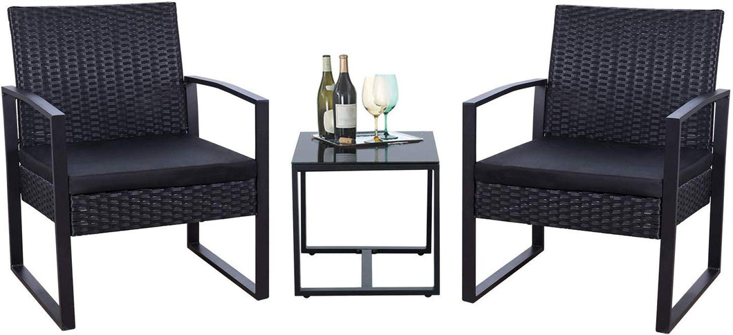 Brand New 3 Pieces Patio Set Outdoor Wicker Patio Furniture Sets Modern Bistro Set Rattan Chair Conversation Sets with Coffee Table for Yard and Bistro (Black)