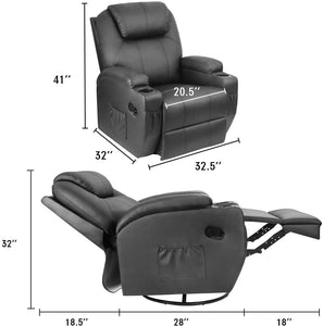 Rocking Chair Recliner Chair with Massage and Heating 360 Degree Swivel Ergonomic Lounge Chair Classic Single Sofa with 2 Cup Holders Side Pockets Living Room Chair Home Theater Seat (Black)