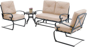 NEW Outdoor Furniture Patio Conversation Set (Loveseat, Coffee Table, 2 Spring Chair) Metal Frame Wrought Iron Look with Cushions (Brown)
