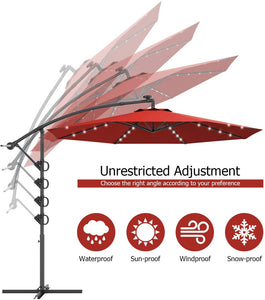 Patio Umbrella Outdoor 10 FT Patio Offset Umbrella with 360 Degree Rotation, Solar Powered LED Umbrella with Crank Handle & Cross Base (Burgundy)