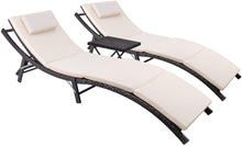 Load image into Gallery viewer, Patio Chaise Lounge Sets Outdoor Rattan Adjustable Back 3 Pieces Cushioned Patio Folding Chaise Lounge with Folding Table (Beige)
