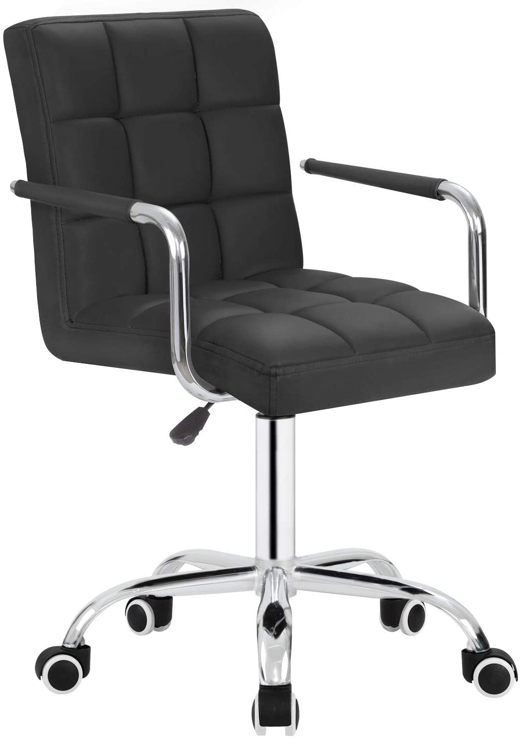 Mid-Back Office Task Chair Ribbed PU Leather Executive Chair Modern Adjustable Home Desk Chair Retro Comfortable Work Chair 360 Degree Swivel with Arms (Black)