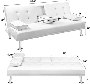 Futon Sofa Bed Modern Faux Leather Couch, Convertible Folding Recliner Lounge Futon Couch for Living Room with 2 Cup Holders with Armrest (White)