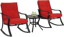 Load image into Gallery viewer, Brand New 3 Piece Rocking Bistro Set Wicker Patio Outdoor Furniture Porch Chairs Conversation Sets with Glass Coffee Table (Red)
