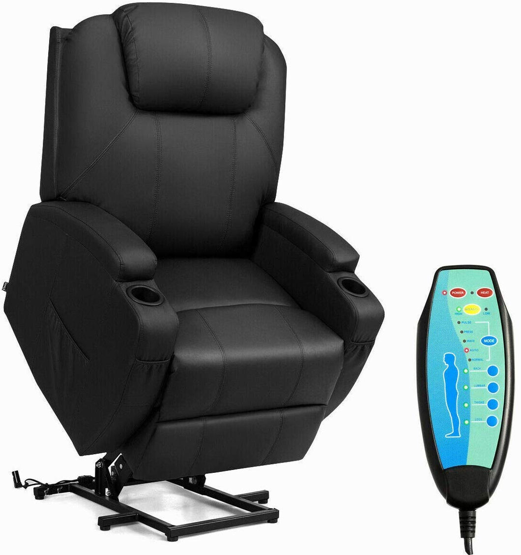 Power Lift Recliner Chair with Massage and Heat for Elderly, PU Leather Heated Vibrating, with Cup Holders, Side Pouch, Remote Control, for Home Theater, Power Theater Chair(Black)