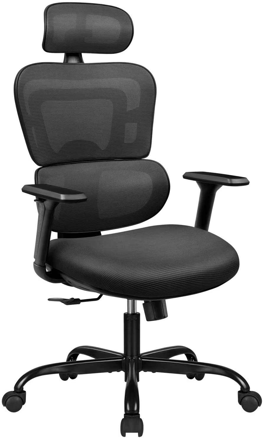 Ergonomic Office Chair Computer Desk Chair Mesh Fabric High Back Swivel Chair with Adjustable Headrest and Armrests Executive Rolling Chair with Curved Lumbar Support (Black)