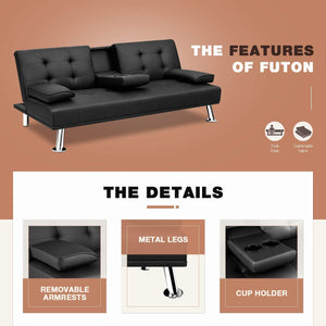 Futon Sofa Bed Modern Faux Leather Couch, Convertible Folding Recliner Lounge Futon Couch for Living Room with 2 Cup Holders with Armrest (Black)