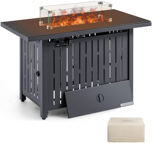 New 43 inch Gas Fire Pit Table Outdoor 50,000 BTU Auto Ignition Patio Propane Gas Firepit with Tempered Glass Desktop Glass Cover, Lid and Glass Stone, Black
