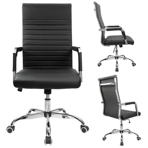 Ribbed Office Desk Chair Mid-Back PU Leather Executive Conference Task Chair Adjustable Swivel Chair with Arms (White or Black)