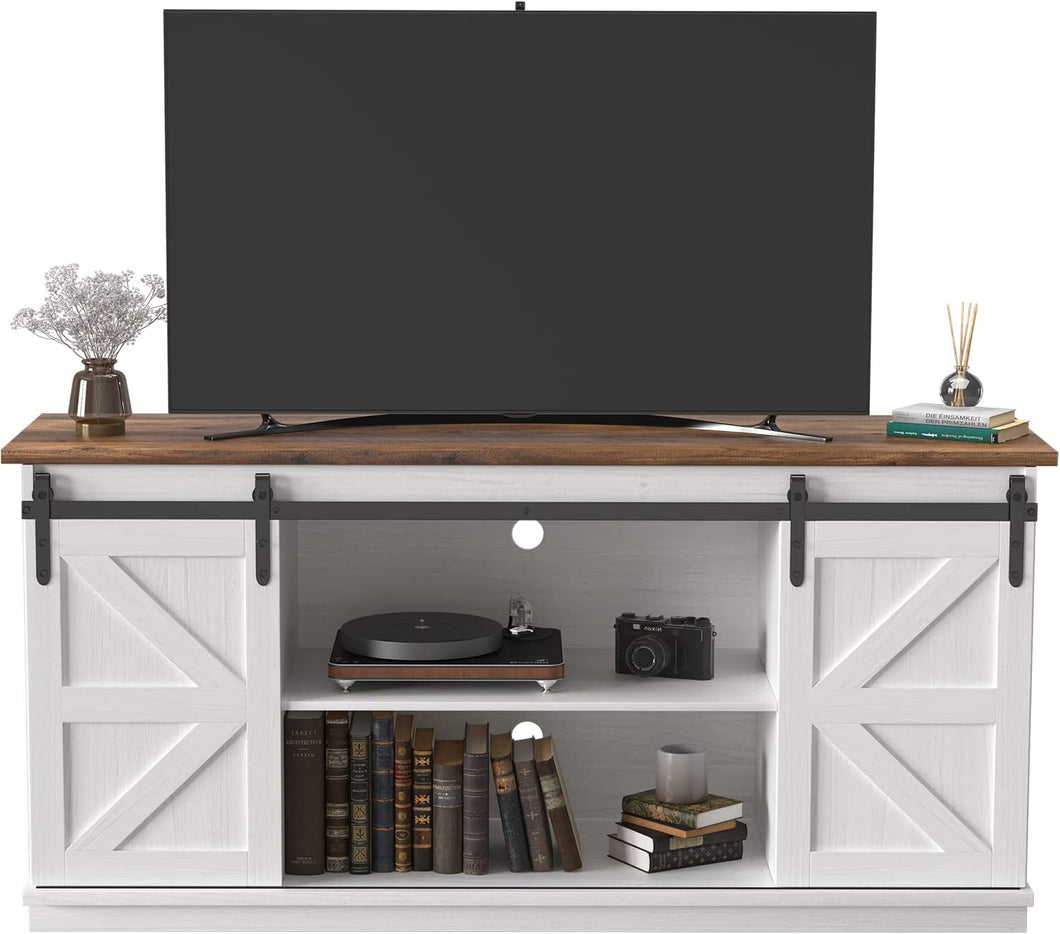 Farmhouse TV Stand for 65 Inch TV, Mid Century Modern Entertainment Center with Sliding Barn Doors and Storage Cabinets, Metal Media TV Console Table for Living Room Bedroom (White)