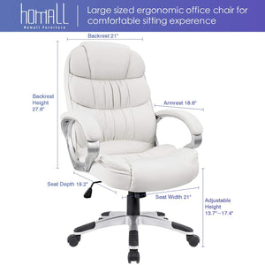 Office Chair High Back Computer Chair Ergonomic Desk Chair, PU Leather Adjustable Height Modern Executive Swivel Task Chair with Padded Armrests and Lumbar Support (White)